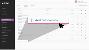 Educator account in Xello on the Completion Standards configuration page. At the bottom of the tasks list, the cursor is selecting Add custom task